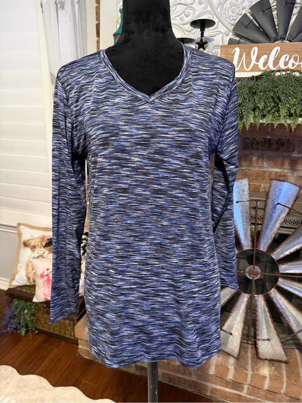 Beverly Hills Polo Club Blue Space-Dye V-Neck Long Sleeve Top
